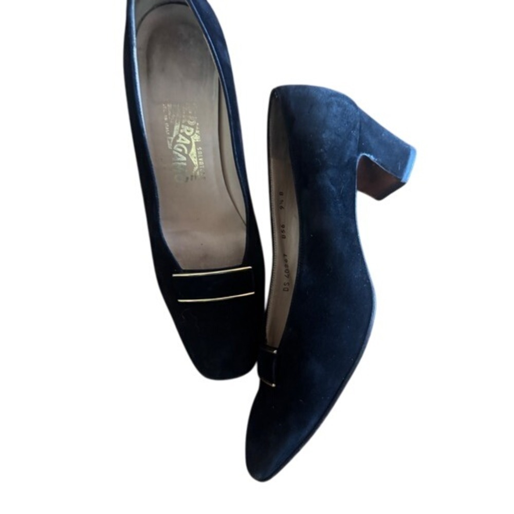 Salvatore Ferragamo Black Suede Leather Block Heel Pumps -‎ Size 9.5B